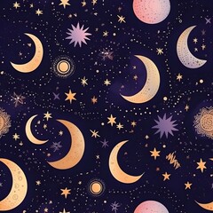 Obraz na płótnie Canvas A seamless pattern inspired by the cosmos, featuring celestial elements such as stars, planets, and galaxies, creating a dreamy and enchanting design. Generative AI