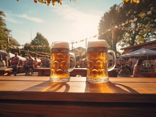 Close up photo of tall glasses with light lager craft beer pint standing on bar wooden table deck with amusement park in the background during Oktoberfest. Generative AI