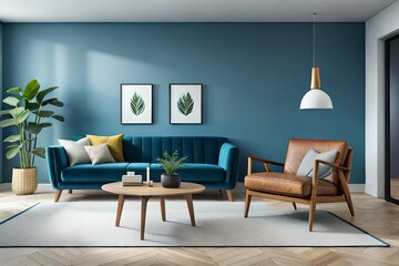 A modern blue living room filled with elegant wooden accessories, neutral dividers, and decorative plants, rendered in 3D.