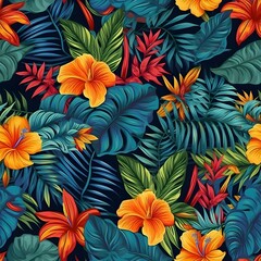 A seamless pattern with tropical elements like palm leaves, exotic flowers, and vibrant colors, evoking a sense of paradise and relaxation. Generative AI