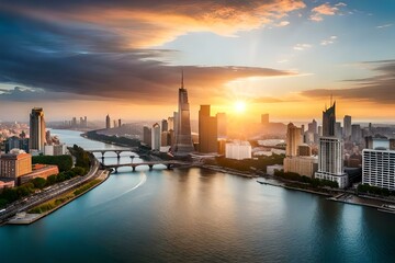 sunset over the city and river gernated ai