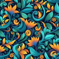 A seamless pattern featuring intricate and colorful floral elements such as flowers, leaves, and vines, creating a vibrant and nature-inspired design. Generative AI