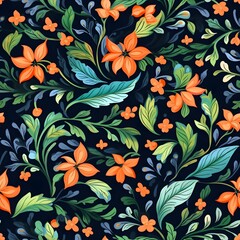 A seamless pattern featuring intricate and colorful floral elements such as flowers, leaves, and vines, creating a vibrant and nature-inspired design. Generative AI