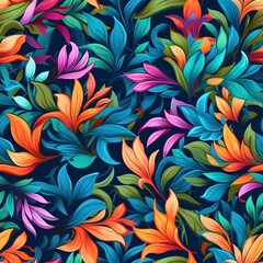 Fototapeta na wymiar A seamless pattern featuring intricate and colorful floral elements such as flowers, leaves, and vines, creating a vibrant and nature-inspired design. Generative AI