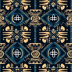 A seamless pattern inspired by tribal motifs and patterns, incorporating geometric shapes, symbols, and intricate linework for a cultural and artistic design.