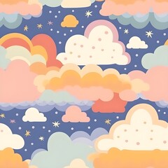 A seamless pattern in soft and delicate pastel colors, featuring elements like clouds, stars, rainbows, and flowers, creating a whimsical and dreamy atmosphere. Generative AI