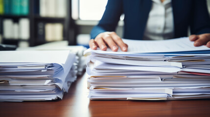 Businesswoman hands working in Stacks of paper files for searching information on work desk in office, business report papers. Created with Generative AI technology. - obrazy, fototapety, plakaty