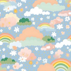 Obraz na płótnie Canvas A seamless pattern in soft and delicate pastel colors, featuring elements like clouds, stars, rainbows, and flowers, creating a whimsical and dreamy atmosphere. Generative AI