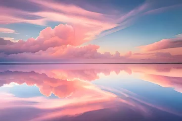 Photo sur Plexiglas Rose clair a painting of a sunset over the ocean with waves crashing on the shore and clouds in the sky over the ocean and the beach area