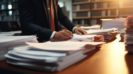 Businessman hands working in Stacks of paper files for searching information on work desk in office, business report papers.Created with Generative AI technology.