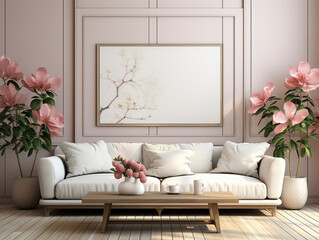 Hampton style living room interior with frame mockup HD, Background