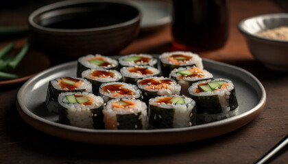 Fresh seafood meal with rolled up maki sushi and avocado generated by AI