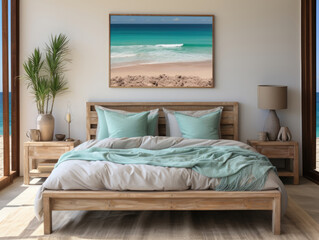 Mockup frame in Coastal boho style bedroom interior HD, Background