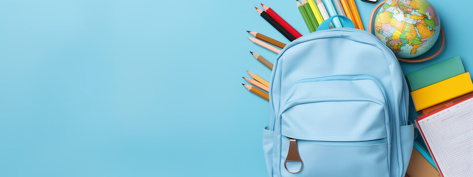 Back to school concept. Backpack with school supplies on blue background. Top view. Copy space. Created with Generative AI technology.