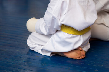 Young Karate Athlete with Yellow Belt on Blue Wooden Floor — Minimalist Martial Arts Scene with Copy Space