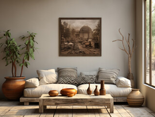 Scandi-Boho Style Living Room Interior Wall Mockup 3d HD, Background