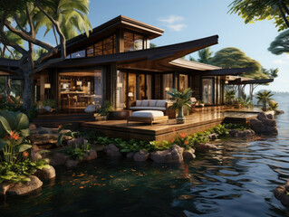Tropical beach house near pond with boat Coastal HD, Background HD, Background