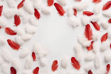 Festive white background with white and red feathers and copy space.AI generated