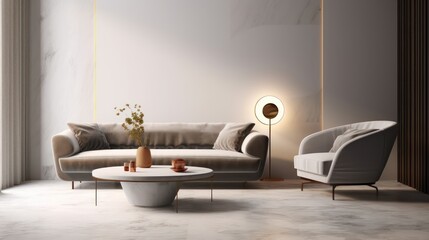 Modern living room with grey sofa and armchair.3d rendering