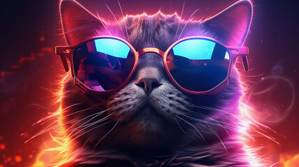 Epic Cyberpumk Cat Neon Retro Wave Style