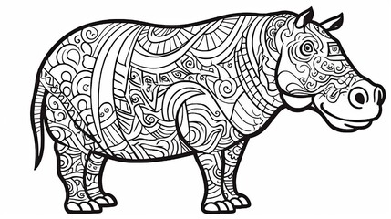 Children's coloring with a hippopotamus, black and white graphics with a curly pattern. The development of motor skills of children with drawings. Generative AI
