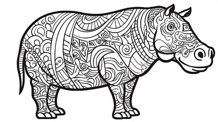 Fototapeta premium Children's coloring with a hippopotamus, black and white graphics with a curly pattern. The development of motor skills of children with drawings. Generative AI 