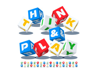 Vector creative banner Think and Play. 3D childish Font. Cubic style Alphabet Letters and Numbers set