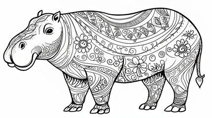 Fototapeta premium Children's coloring with a hippopotamus, black and white graphics with a curly pattern. The development of motor skills of children with drawings. Generative AI 