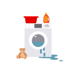 Broken washing machine with children's toy, basket, isolated on white background. Vector illustration