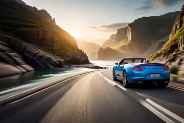 Fototapeta na wymiar A convertible sports car cruising along a picturesque coastal road, with cliffs, rocky shores, and crashing waves.