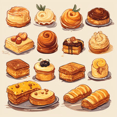 sheet of different pastries and cakes yellow palette