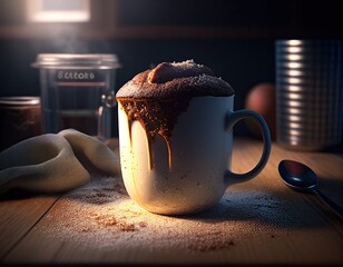 Closeup picture of chocolate brownie mug cake dessert. Muffin chocolate microwaved homemade cupcake in a cup. Generative AI.