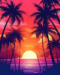 Silhouetted palm trees on sunset beach. (Illustration, Generative AI)