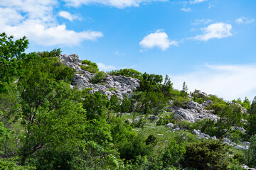 View over the hilly landscape of the Croatian Coastal Mountains.