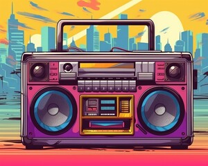 A graphic background features a boombox for an urban music party. (Illustration, Generative AI) - obrazy, fototapety, plakaty