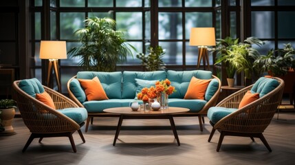 Fototapeta premium Home interior mock-up with turquoise armchairs, table and pampas, 3d render. Created with generative AI.