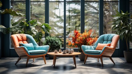 Fototapeta premium Home interior mock-up with turquoise armchairs, table and pampas, 3d render. Created with generative AI.