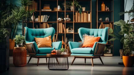 Fototapeta premium Home interior mock-up with turquoise armchairs, table and pampas, 3d render. Created with generative AI.