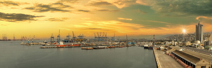 Fototapeta premium Israel, panoramic view of Haifa industrial port and terminal near downtown and financial center.