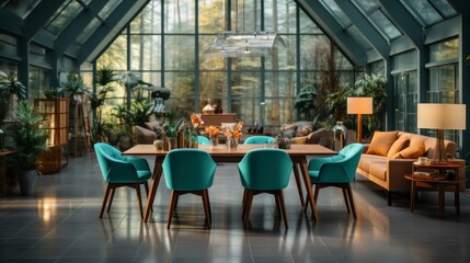 Naklejka premium Home interior mock-up with turquoise armchairs, table and pampas, 3d render. Created with generative AI.