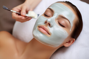Obraz na płótnie Canvas Woman with eyes closed and white facial mask on face in SPA, Face and body care, relaxation and mental health. High quality photo