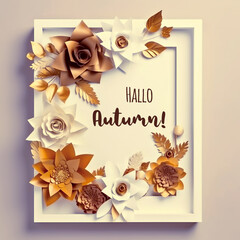 Fototapeta na wymiar A white frame with brown craft and white paper flowers and leaves. Greeting text Hallo Autumn.