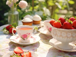 Obraz na płótnie Canvas breakfast with strawberries and coffee.Afternoon tea in the garden, outdoor afternoon tea, English afternoon tea, European afternoon tea, friends gathering
