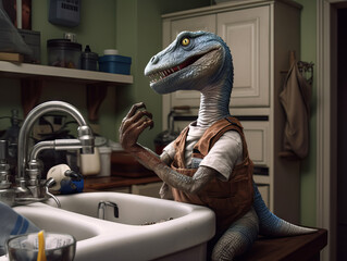 Velociraptor dressed as plumber inside home bathroom or kitchen - if dinosaurs weren't extinct.  Illustrated using generative ai.
