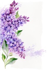 Bouquet of lilac branch on a white background. Watercolor illustration style frame. Place for text. Greeting card template.