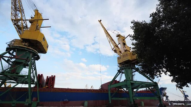 Grain transshipment from container to ship cargo holds with a dual scoop clamshell grab on crane in sea port. Wheat shipment with water transport. Agricultural commodities transportation. Timelapse.