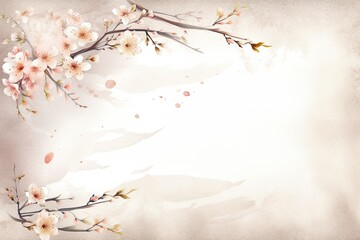 Watercolor cherry blossom frame background with space for text. Place for text. Greeting card template.