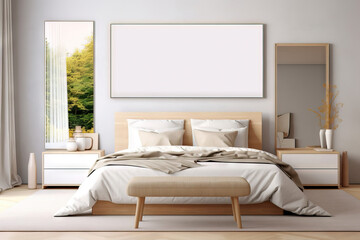 big rectangular blank mock up frame on a modern bedroom  with natural light