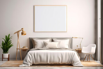 big rectangular mock up frame with wooden bezels on a modern bedroom