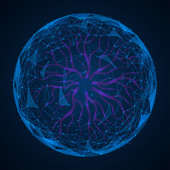 Plasma sphere. Polygonal design of interconnected lines and points. Blue background.